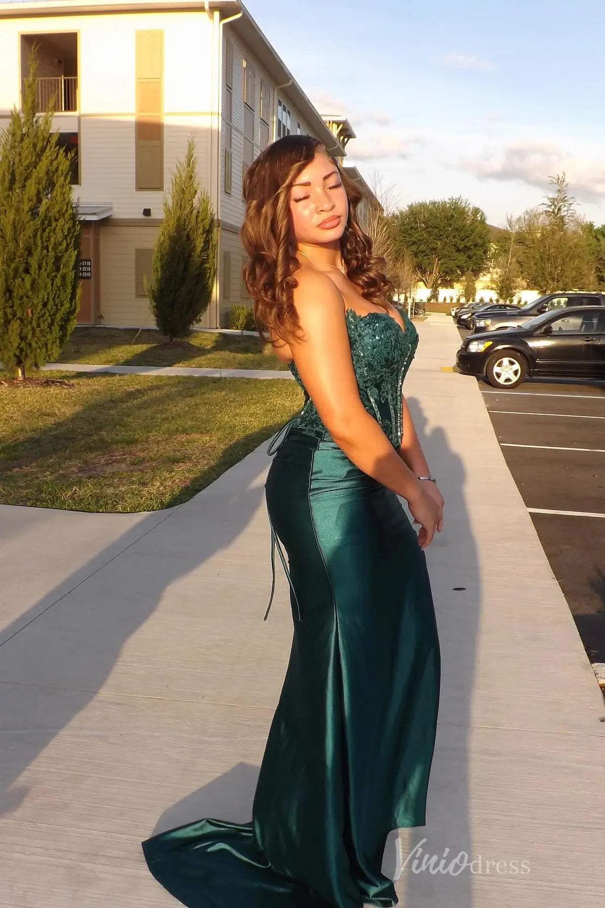 Emerald Green Strapless Prom Dress with Beaded Corset and Slit – SS089 – Viniodress
