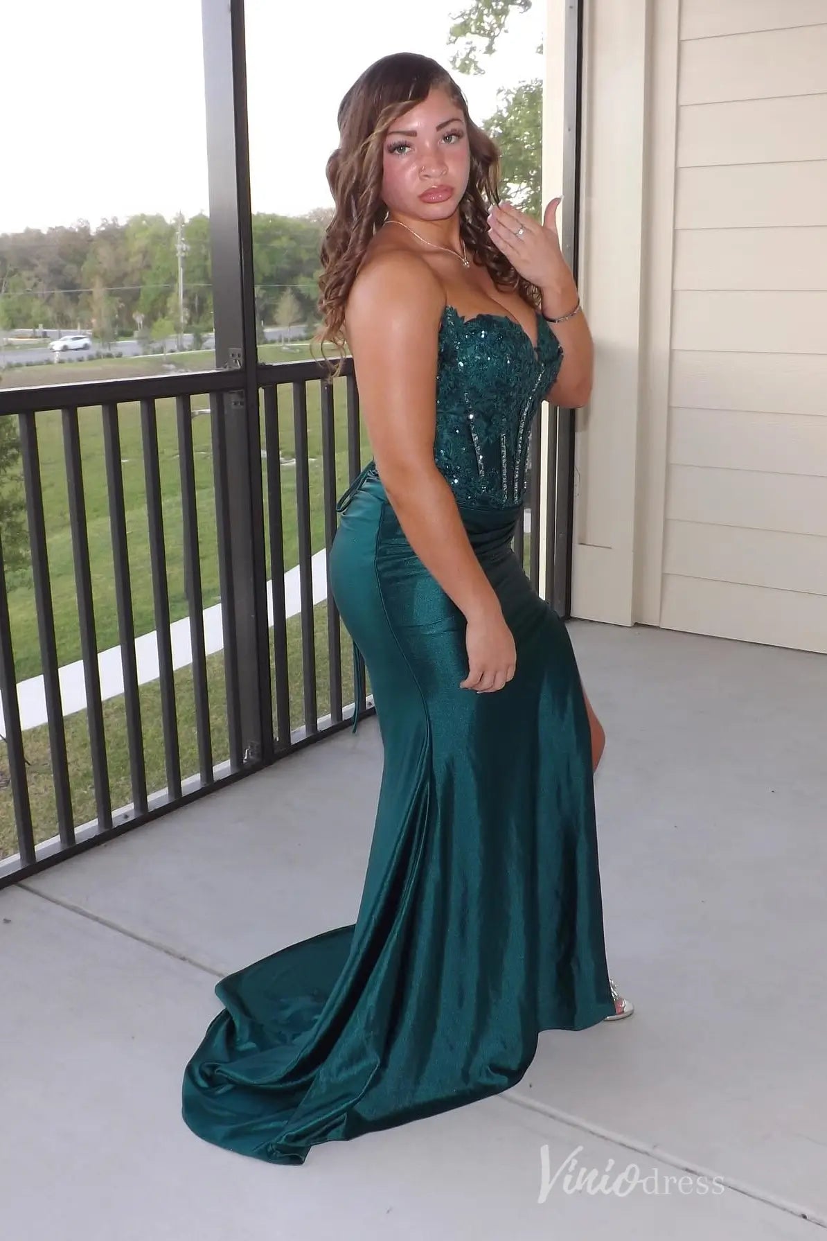 Emerald Green Strapless Prom Dress with Beaded Lace Corset, Satin Skirt, High Slit – SS089