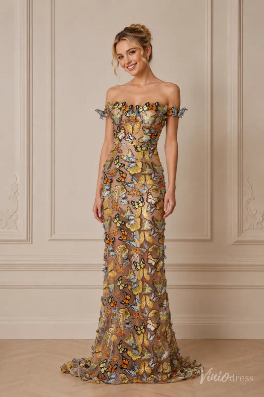 Off-the-shoulder floor-length gown in nude mesh featuring colorful 3D butterfly appliqués and a fitted silhouette.