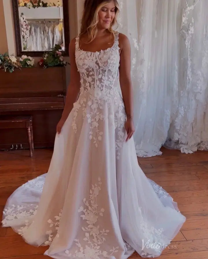 Enchanting Floral Lace A-Line Wedding Dress with Sheer Corset Bodice, Removable Long Sleeves & Chapel Train – LA145-wedding dresses 2025 -Viniodress-Ivory-Custom Size-