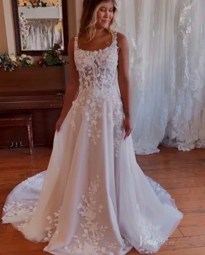 Enchanting Floral Lace A-Line Wedding Dress with Sheer Corset Bodice, Removable Long Sleeves & Chapel Train – LA145-wedding dresses 2025 -Viniodress-Ivory-Custom Size-