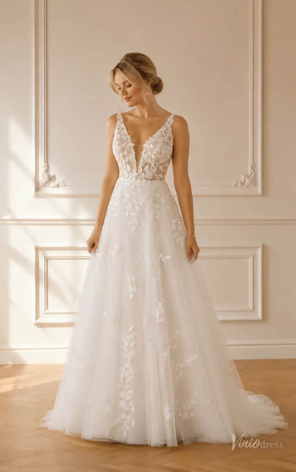 Ethereal A-Line Tulle Wedding Dress with V Neck, Floral Appliqué Bodic – Viniodress