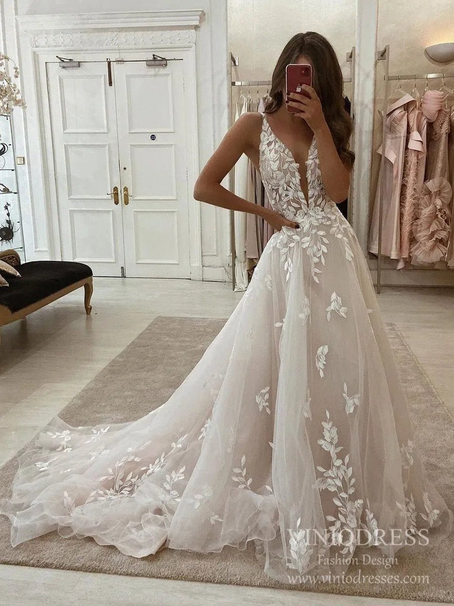 Ethereal A-Line Tulle Wedding Dress with V Neck, Floral Appliqué Bodic – Viniodress