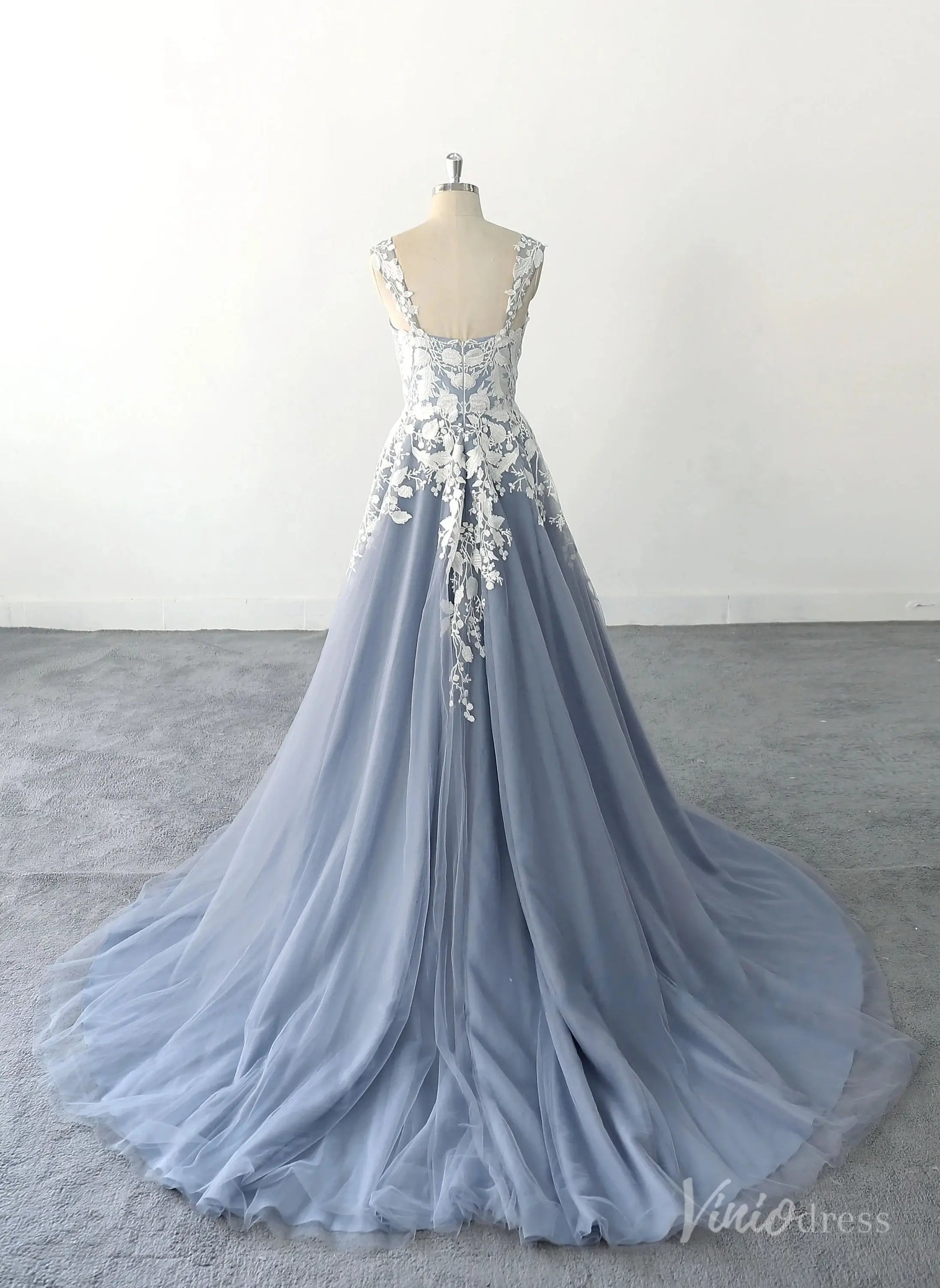Ethereal Dusty Blue Floral Lace Wedding Dress with Wide Straps & Chapel Train – FW233 – Viniodress