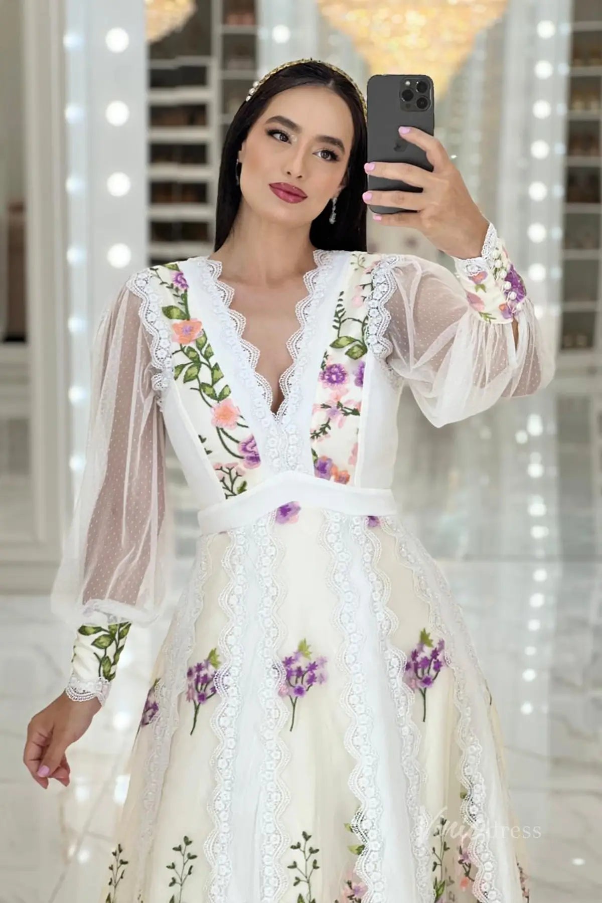 Ethereal Floral Embroidered A-Line Wedding Dress with Long Sleeve, Deep V-Neck & Lace Trim – FW254-wedding dresses 2025 -Viniodress-Champagne-Custom Size-