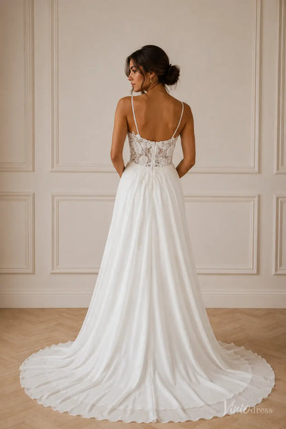 White chiffon wedding dress with a lace bodice, spaghetti straps, and a flowing floor-length skirt with a train.