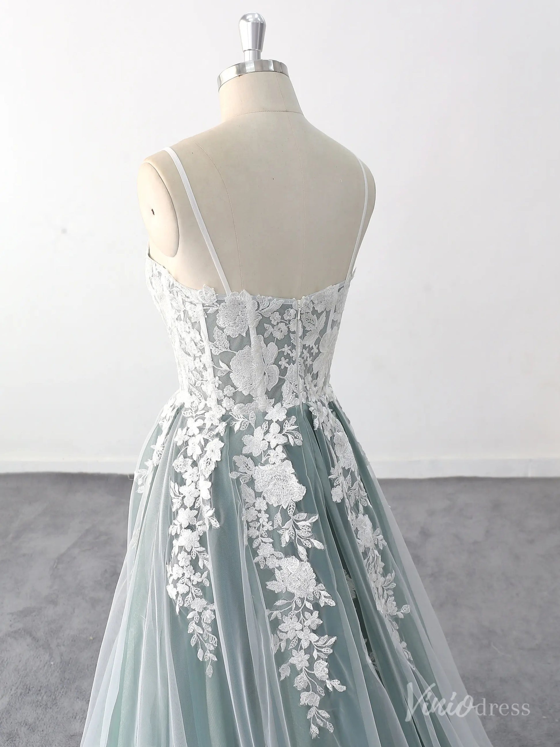 Ethereal Green Wedding Dress with Floral Lace Appliques and Sheer Corset – FW217 – Viniodress