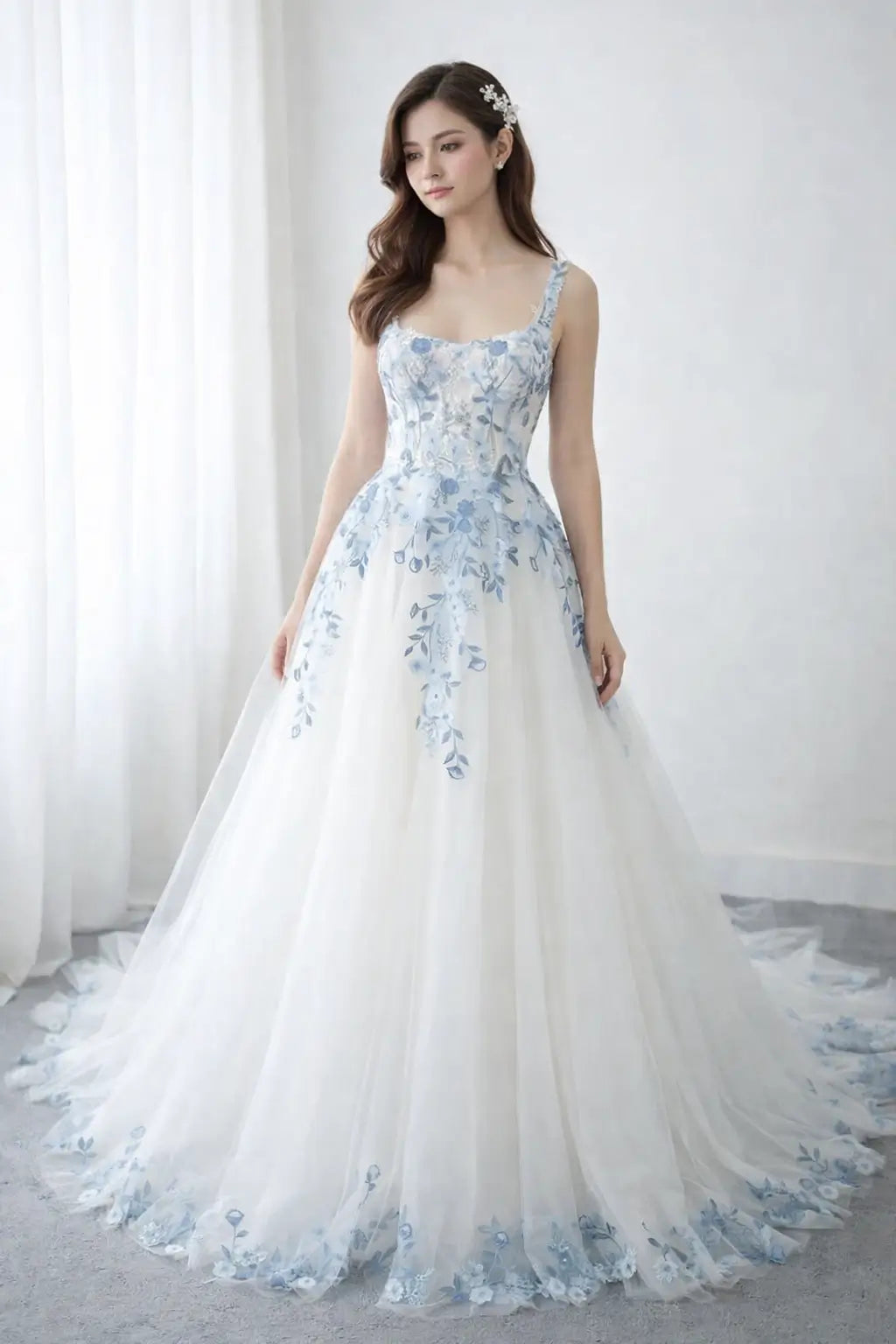 Ethereal Ivory Blue Floral Embroidered Wedding Dress with Square Neckline, Sheer Corset Bodice & Chapel Train – FW229-wedding dresses 2026-Viniodress-Ivory-Custom Size – Add Measurements in Cart-