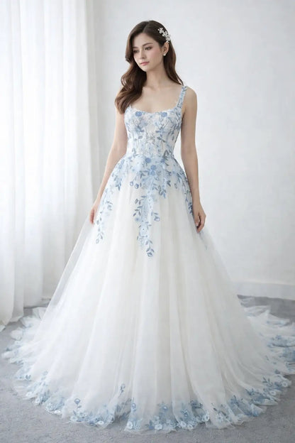 Ethereal Ivory Blue Floral Embroidered Wedding Dress with Square Neckline, Sheer Corset Bodice & Chapel Train – FW229-wedding dresses 2026-Viniodress-Ivory-Custom Size – Add Measurements in Cart-