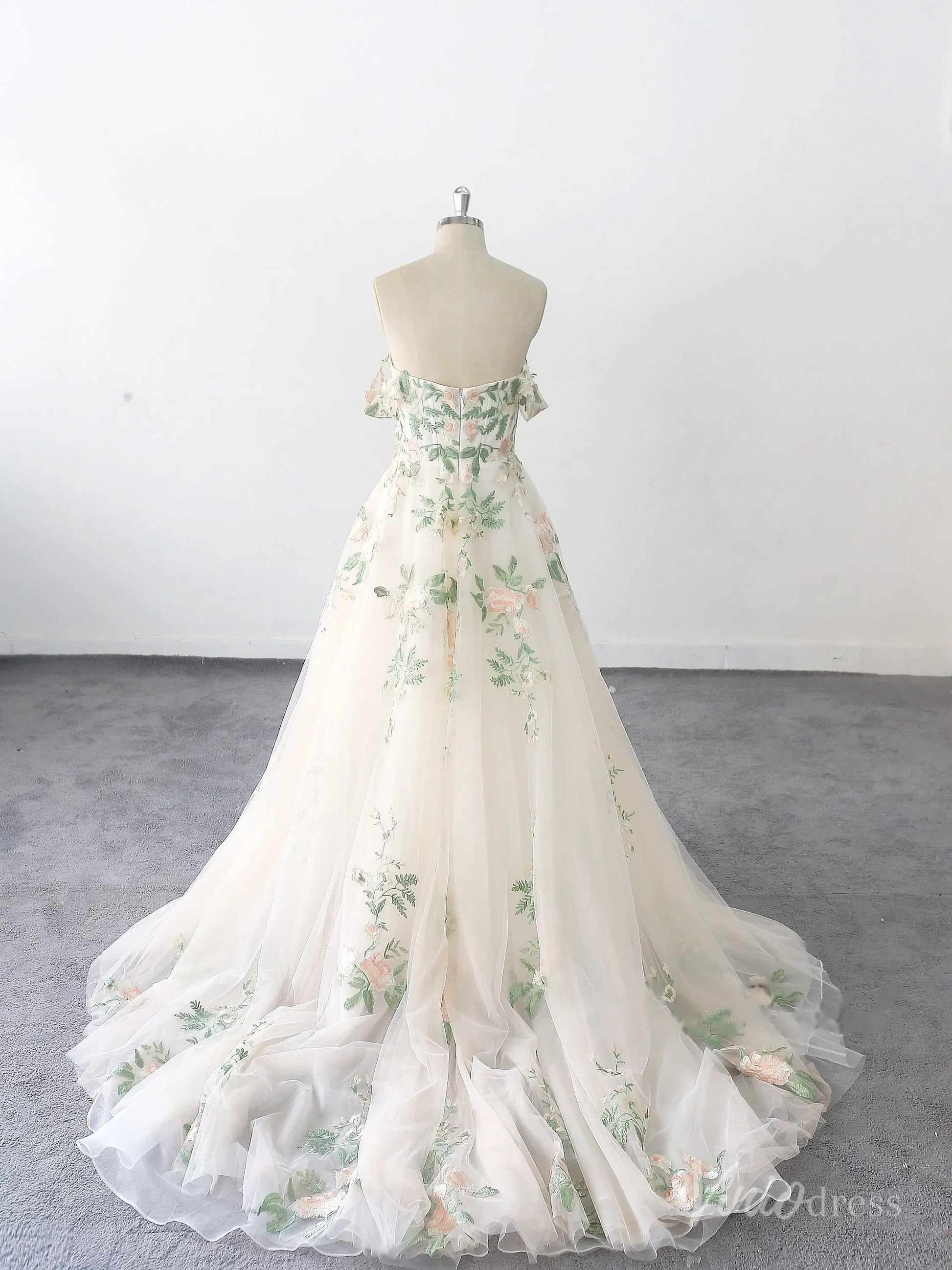 Ethereal Off-the-Shoulder Floral Wedding Dress with Illusion Sweetheart Bodice, 3D Appliqués & Chapel Train – FW230-wedding dresses 2025 -Viniodress-Champagne-Custom Size-
