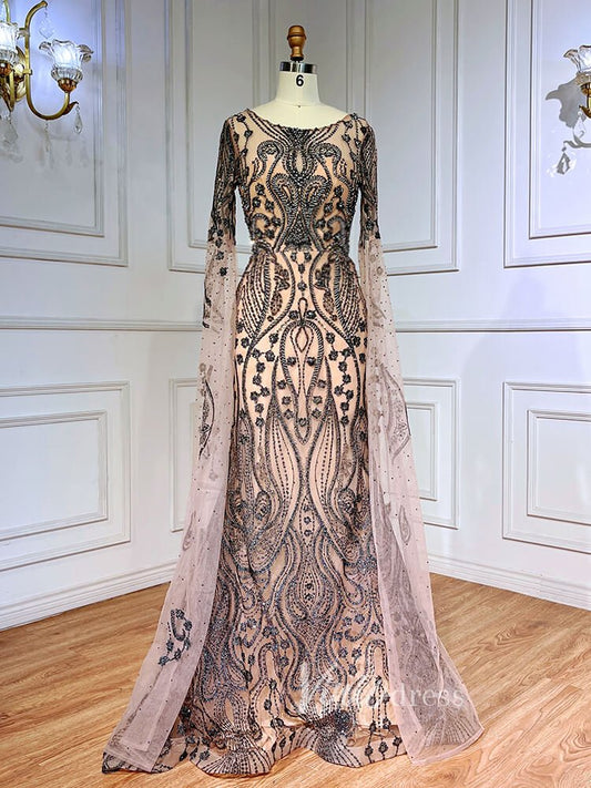 Extra Long Sleeve Beaded Evening Dresses Vintage Mermaid 20s Gowns 20029-Evening Dresses 2025 -Viniodress-Champagne-US 2-