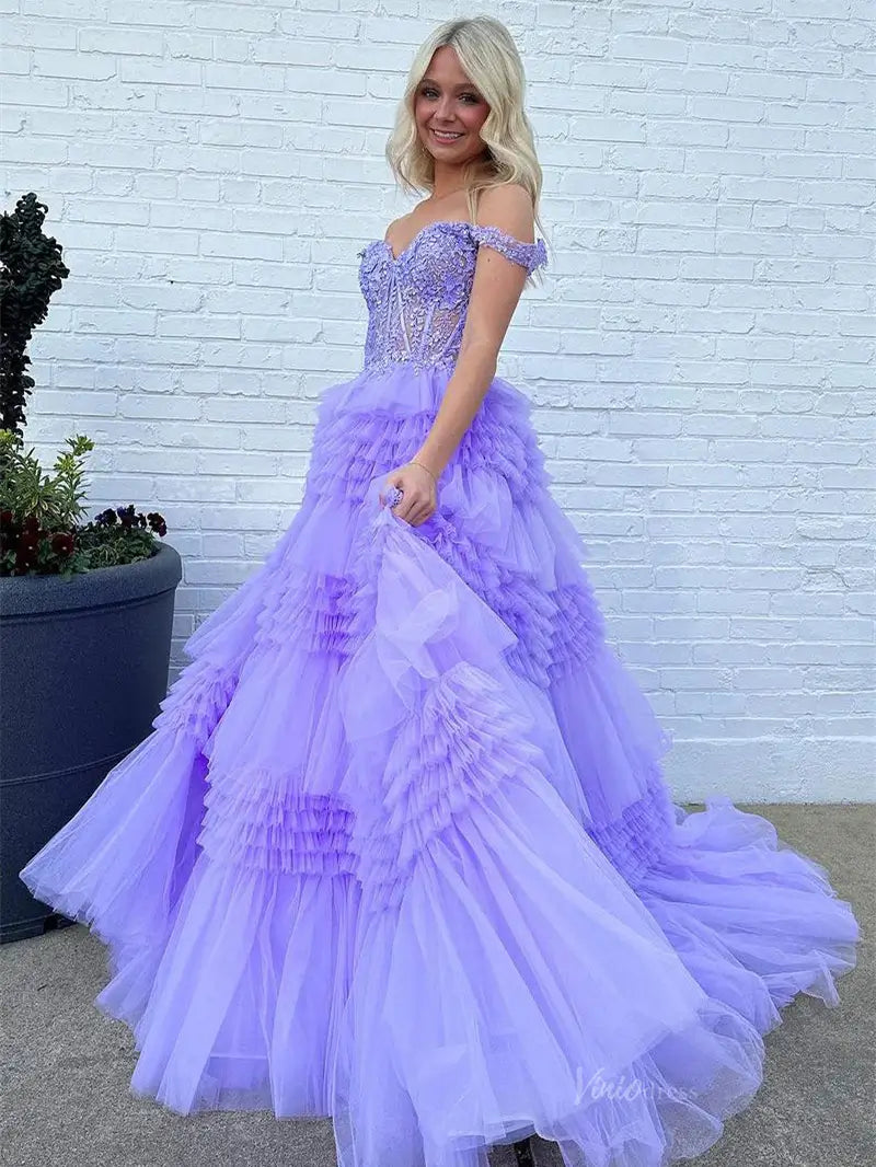 Sparkly Ruffle Tulle Prom Dresses Tiered Formal Dresses FD3395B