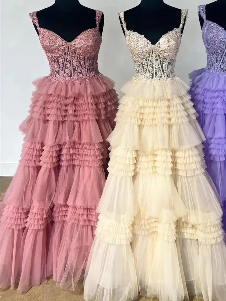 Sparkly Ruffle Tulle Prom Dresses Tiered Formal Dresses FD3395B