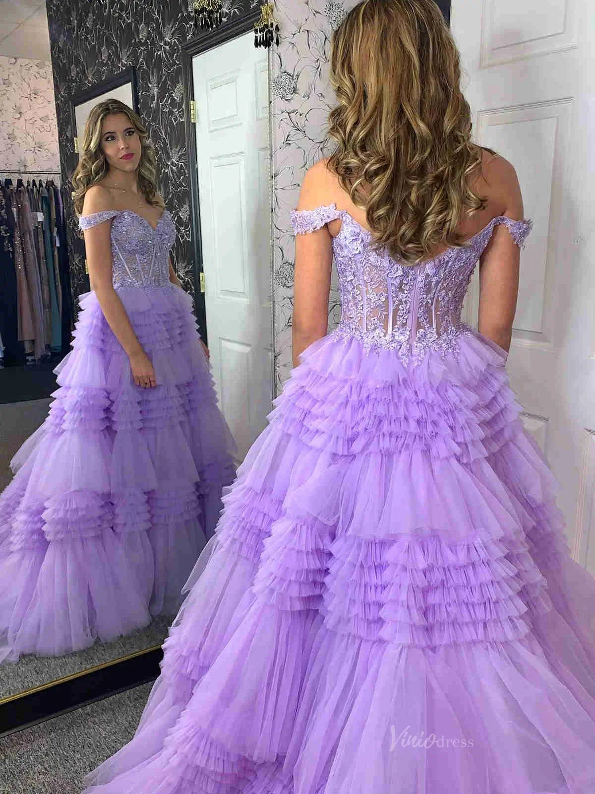 Sparkly Ruffle Tulle Prom Dresses Tiered Formal Dresses FD3395B