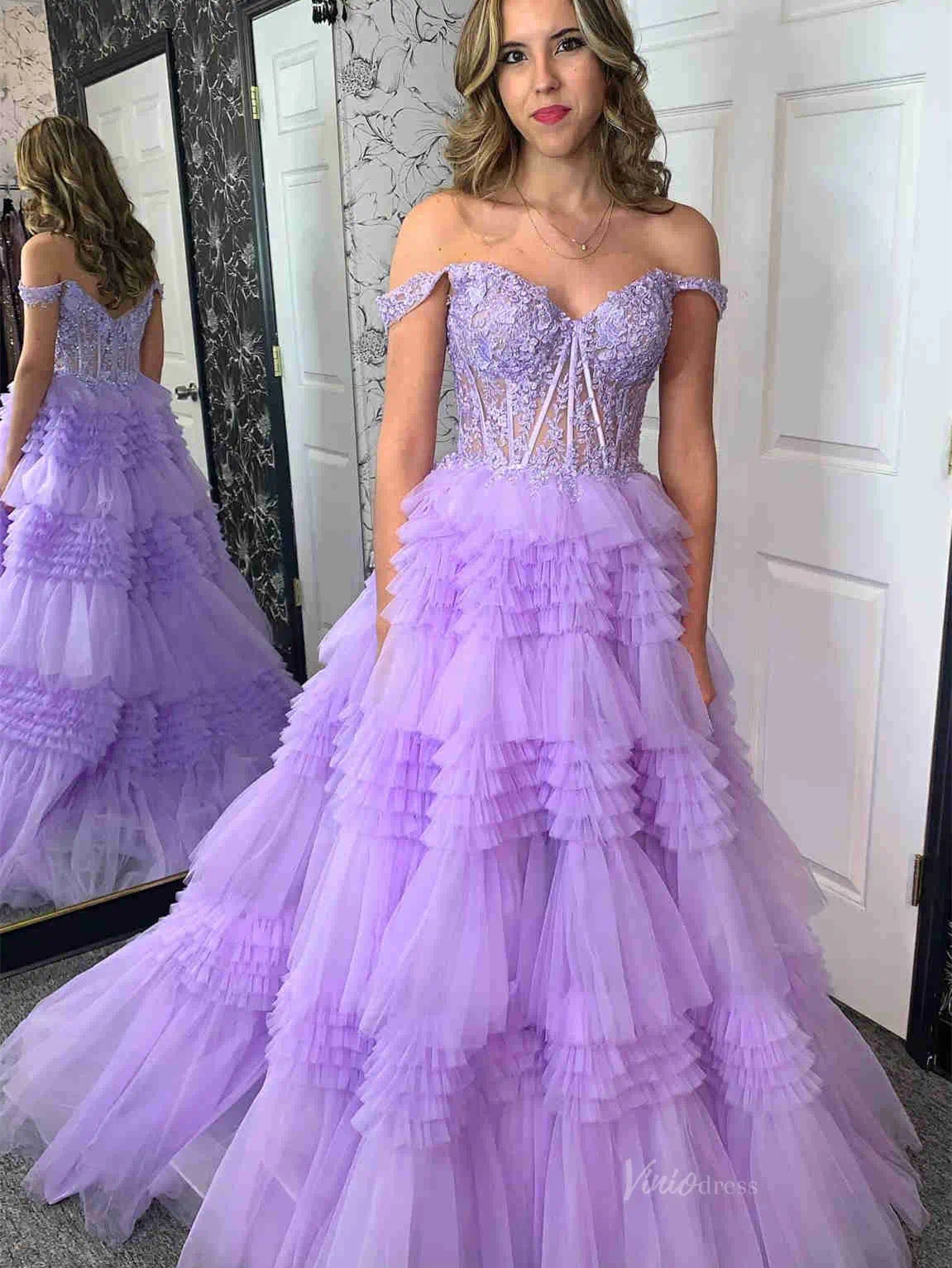 Sparkly Ruffle Tulle Prom Dresses Tiered Formal Dresses FD3395B