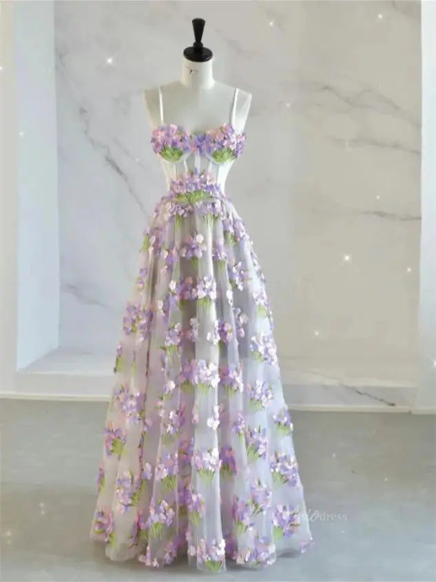 Lavender Flower Blossom Prom Dresses Spaghetti Strap Sweetheart Neck Formal Dresses FD3801