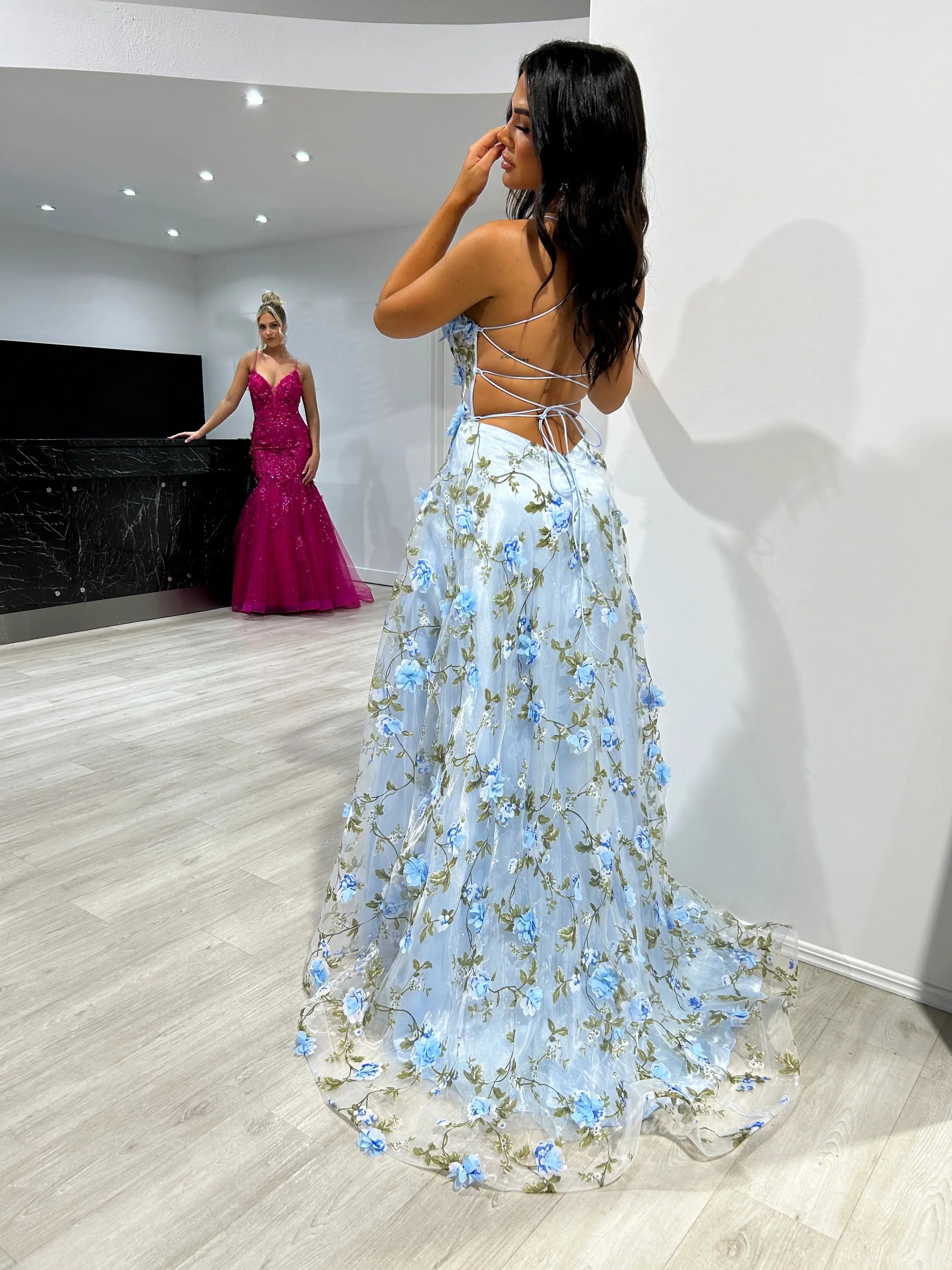 Flower Blossom Prom Dresses Spaghetti Strap Floral Formal Dresses FD3804