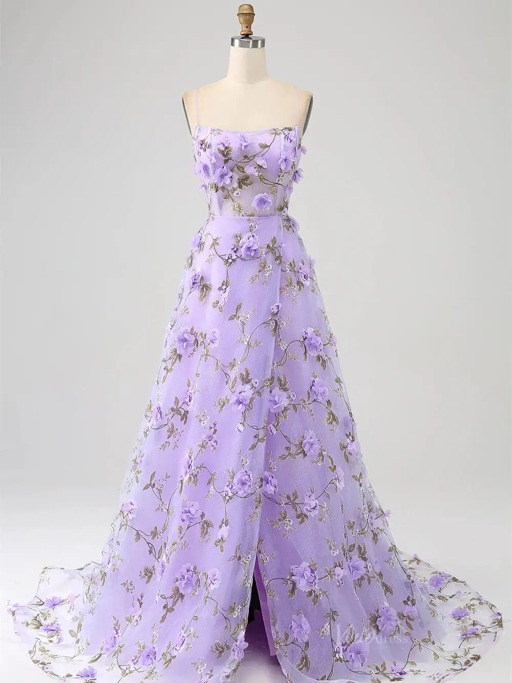 Lavender Flower Blossom Prom Dresses Spaghetti Strap Floral Formal Dresses FD3805