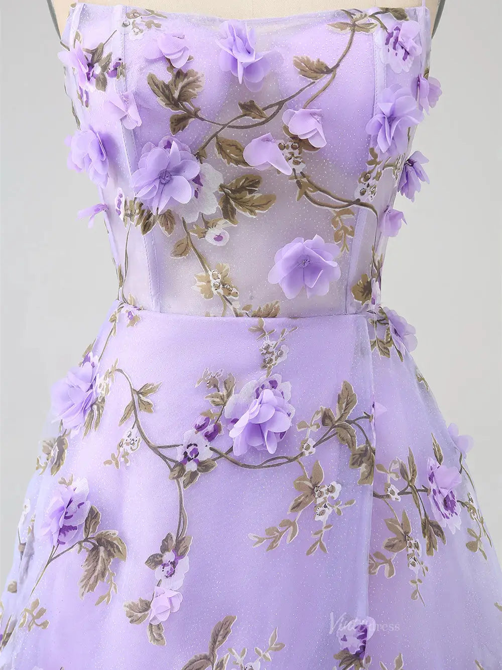 Lavender Flower Blossom Prom Dresses Spaghetti Strap Floral Formal Dresses FD3805