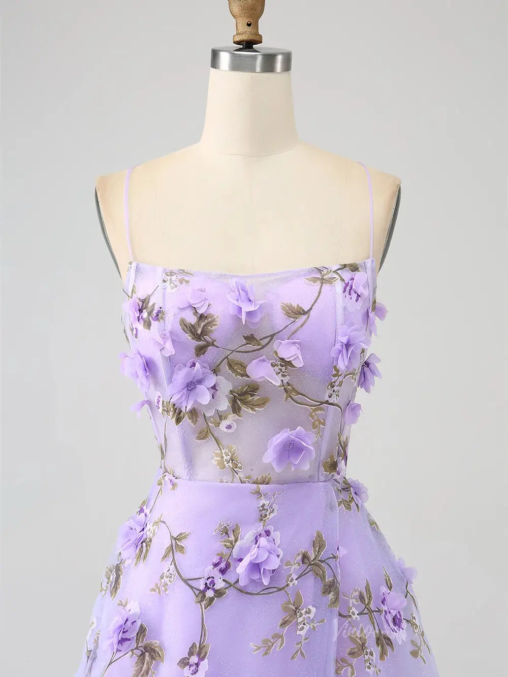 Lavender Flower Blossom Prom Dresses Spaghetti Strap Floral Formal Dresses FD3805