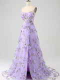 Lavender Flower Blossom Prom Dresses Spaghetti Strap Floral Formal Dresses FD3805