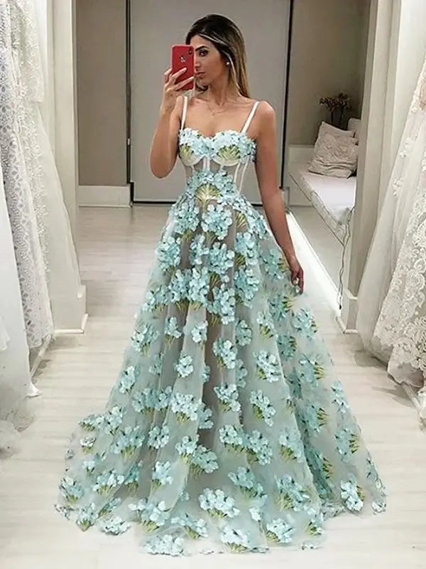 Tiffany Blue Blossom Prom Dresses Sweetheart Neck Floral Formal Dresses FD3806