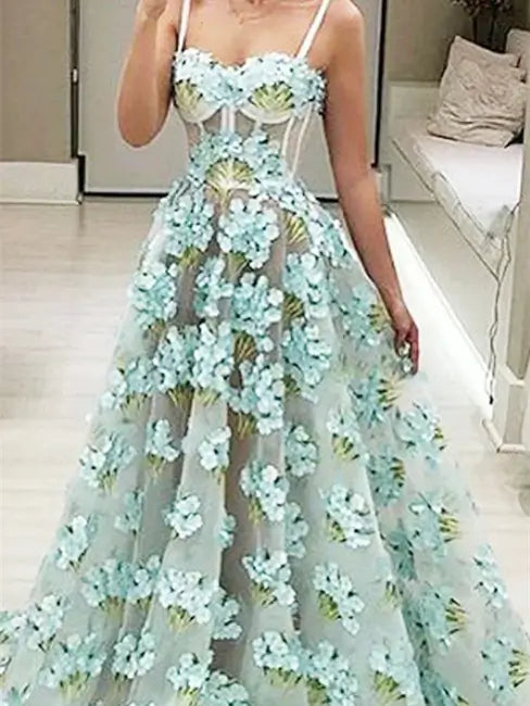 Tiffany Blue Blossom Prom Dresses Sweetheart Neck Floral Formal Dresses FD3806