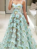 Tiffany Blue Blossom Prom Dresses Sweetheart Neck Floral Formal Dresses FD3806