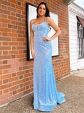 Light Blue Sequin Prom Dresses 2025 with Plunging V-Neck & Spaghetti Strap – FD5088