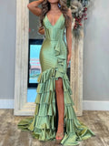 Green Satin Mermaid Prom Dresses 2025 with V-Neck, Slit, Ruffle & Spaghetti Strap – FD5092