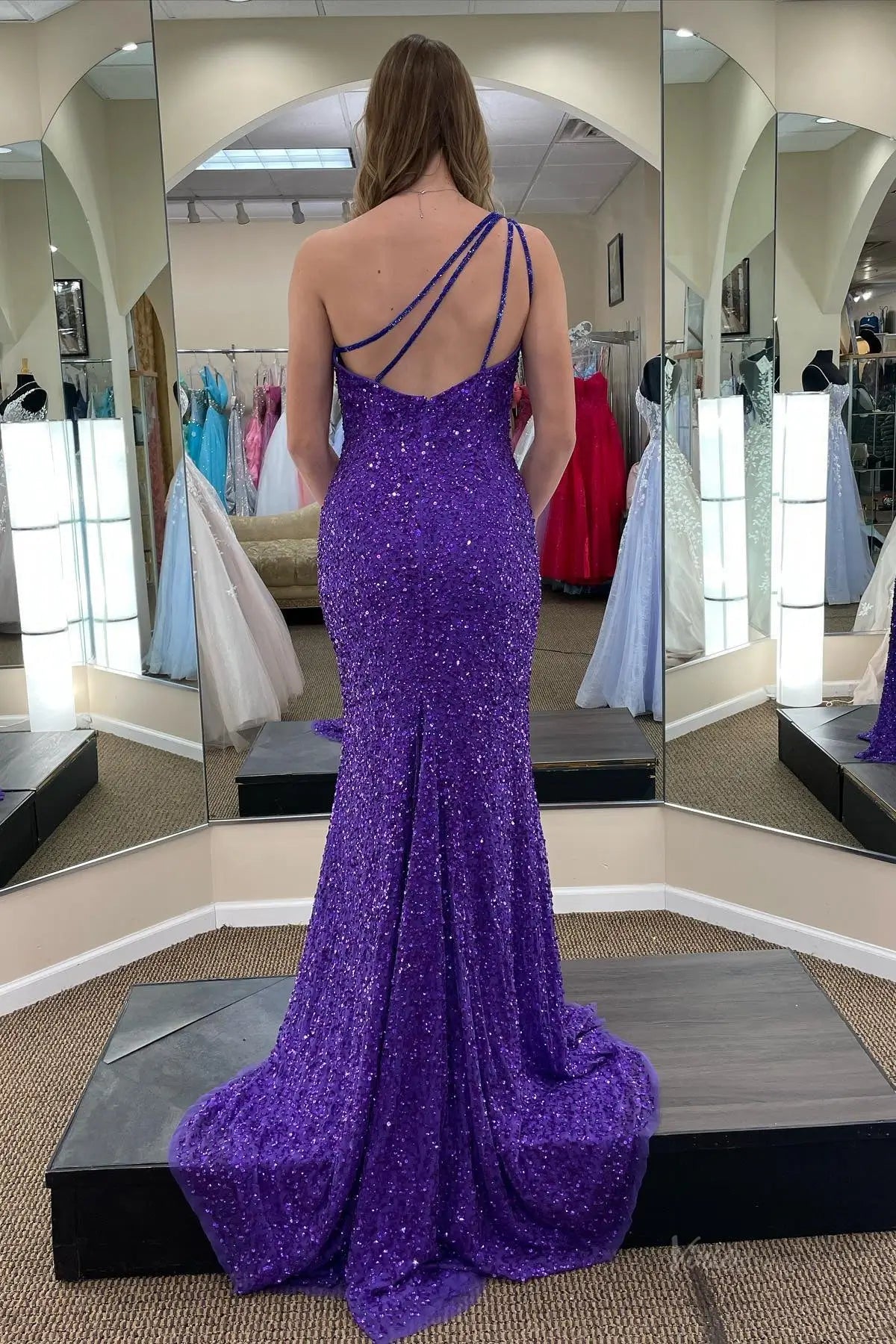 Purple Sequin Prom Dresses 2025 with One Shoulder & Slit – FD5100