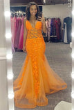 Orange Lace Mermaid Prom Dresses 2025 with Spaghetti Strap & Sheer Boned Bodice – FD5101