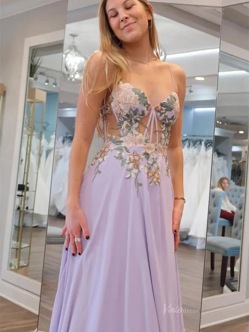 Lavender Chiffon Prom Dresses 2025 Spaghetti Strap Formal Gown with Floral Lace - FD5115