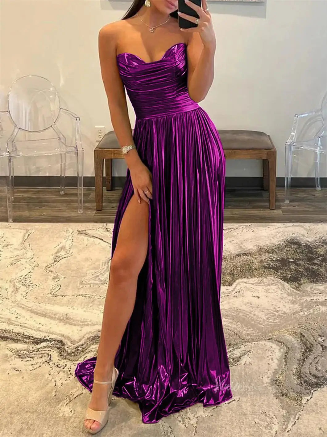 Strapless Sparkly Satin Prom Dresses 2025 Sweetheart Neck Formal Gown with Slit - FD5125