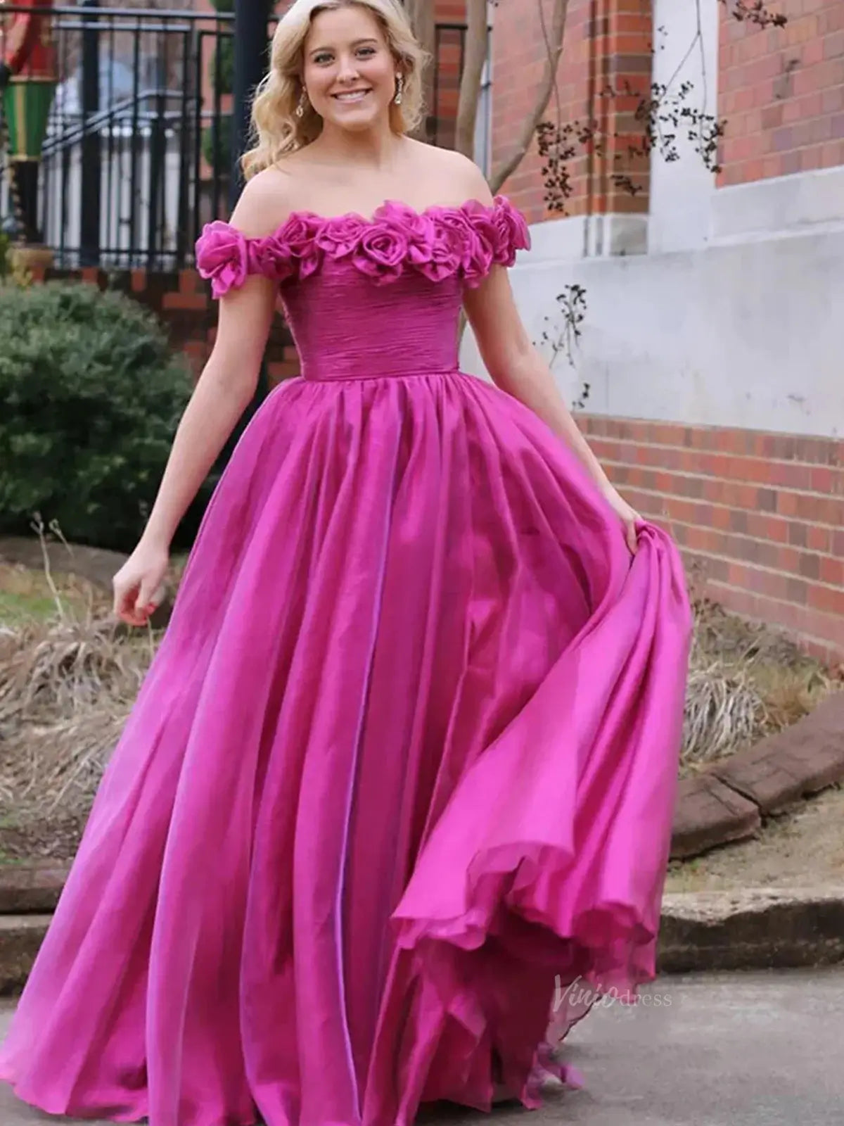 Fuchsia Tulle Prom Dresses 3D Flower Off the Shoulder Formal Gown - FD5130