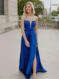 Elegant Ruched Satin Sheath Prom Dresses 2025 Spaghetti Strap Formal Gown with Slit - FD5132