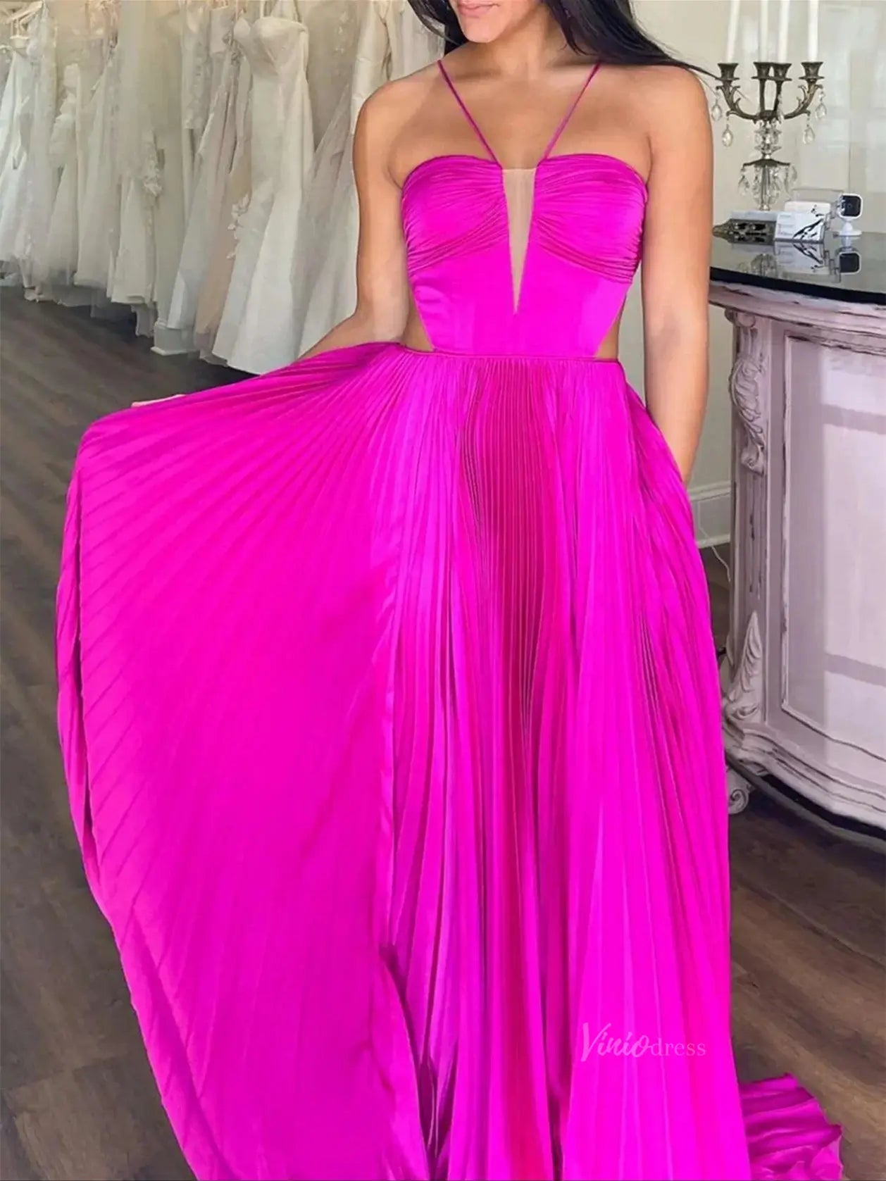 Elegant Ruched Satin Sheath Prom Dresses 2025 Spaghetti Strap Formal Gown with Slit - FD5132