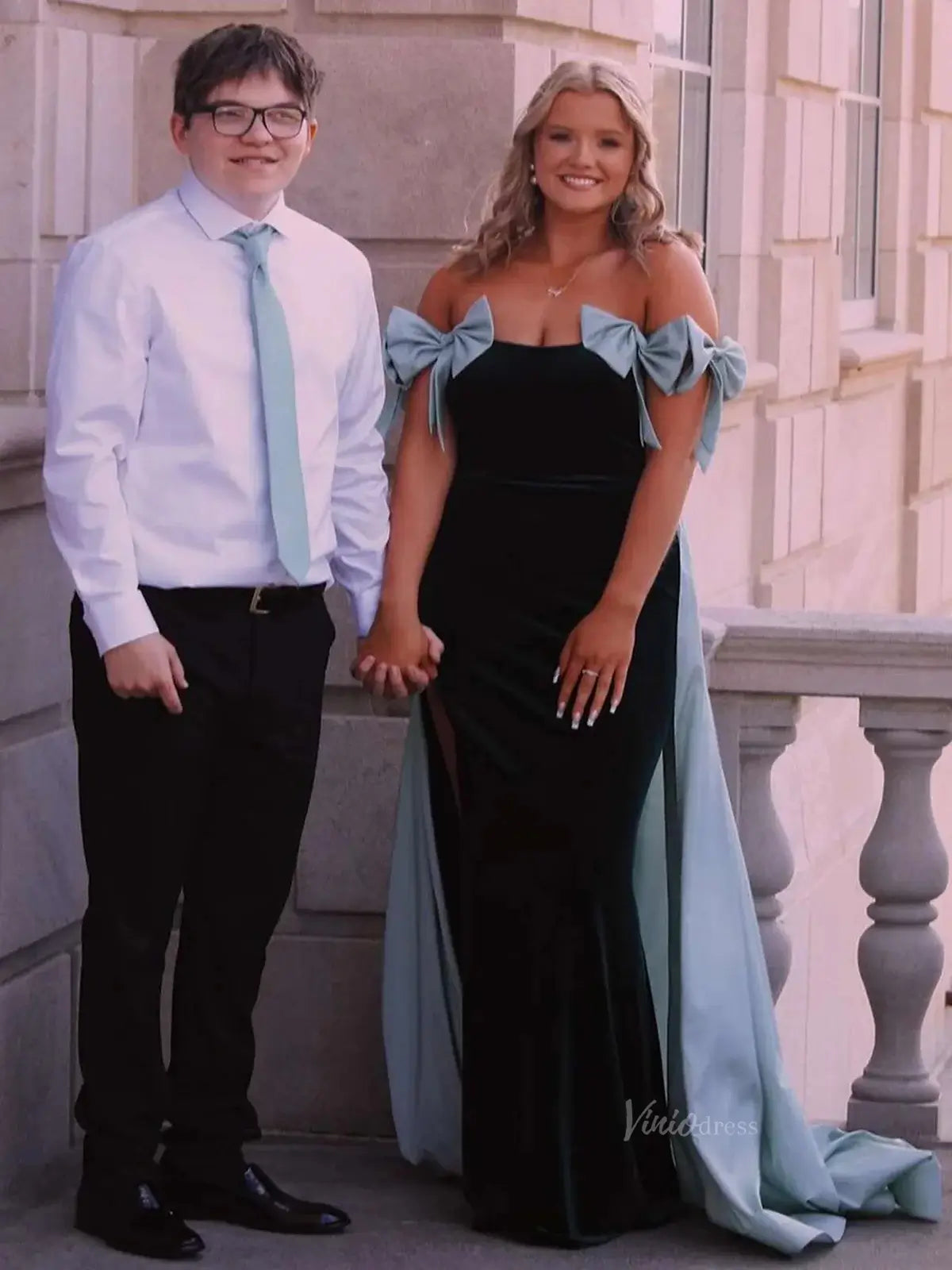 Bow-Tie Sheath Prom Dresses 2025 Velvet Bodice Satin Overskirt Formal Gown with Slit - FD5133