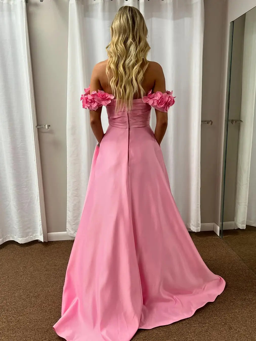 Pink Off the Shoulder Satin Prom Dress with 3D Flower & Ruched Bodice – Style FD5196