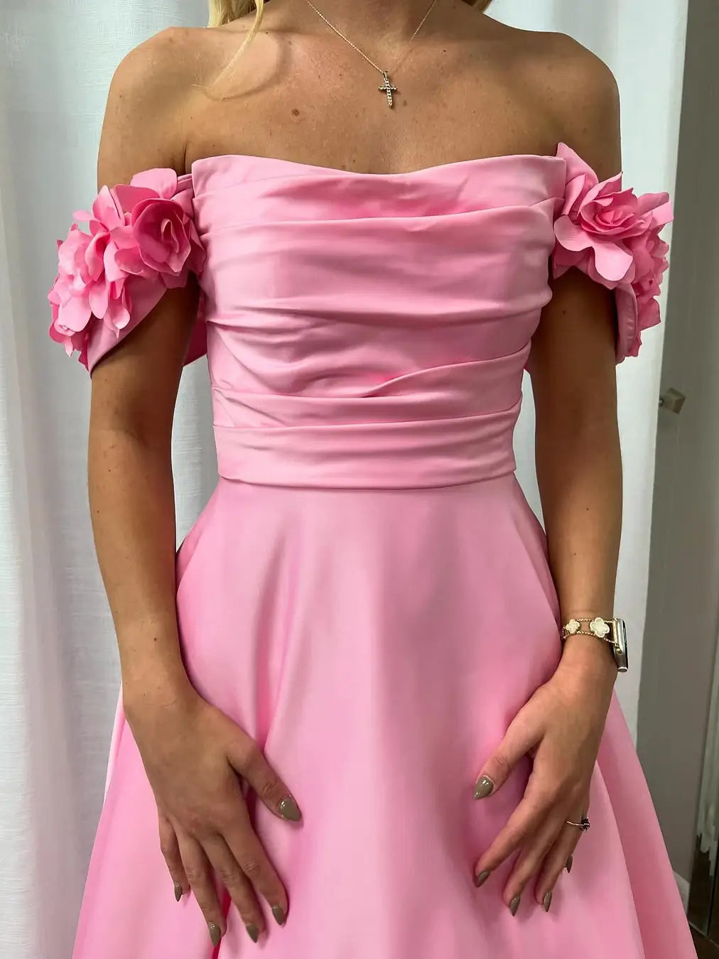 Pink Off the Shoulder Satin Prom Dress with 3D Flower & Ruched Bodice – Style FD5196