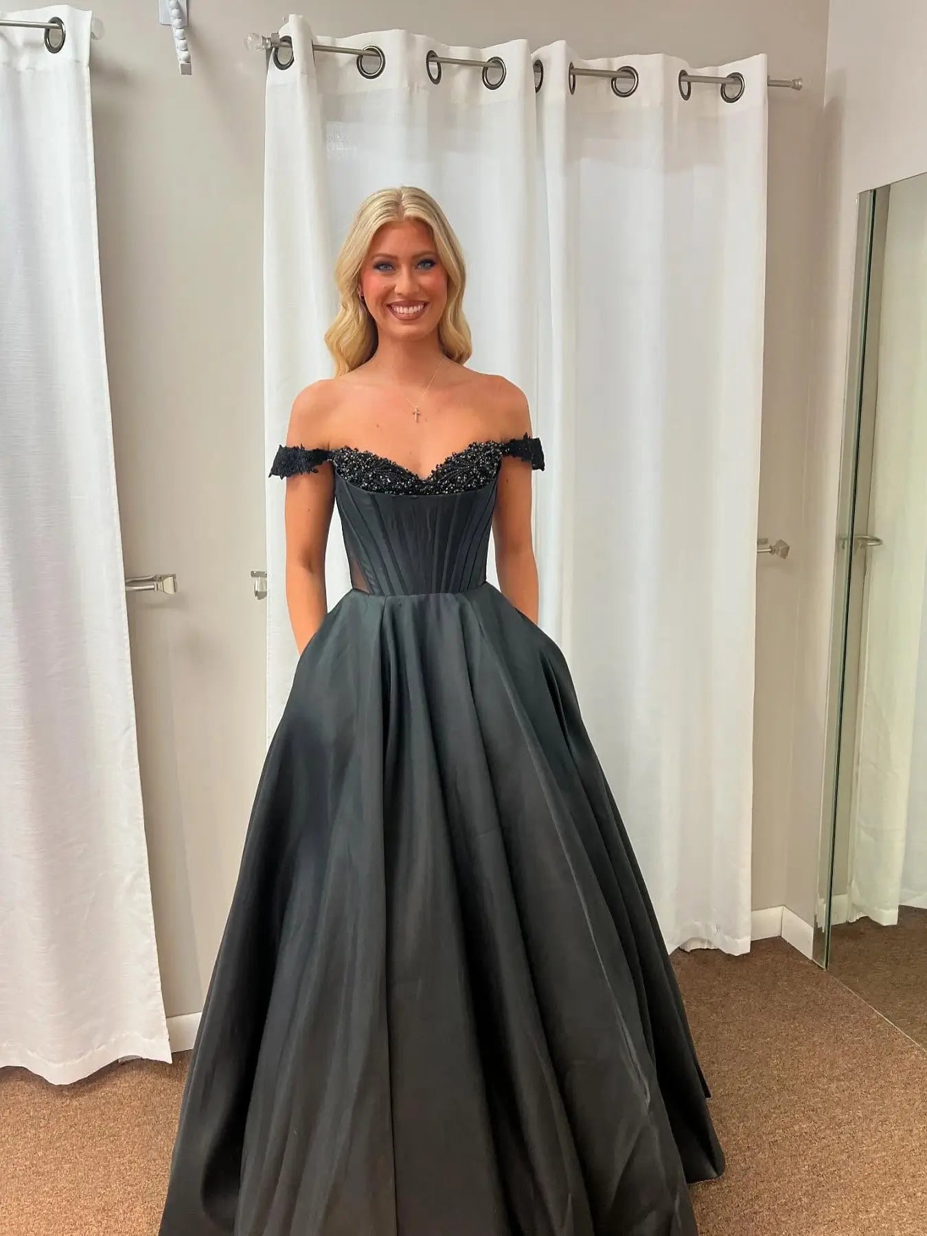 Black Off the Shoulder Satin Prom Dress with Pockets & Beaded Sweetheart Neckline – Style FD5197