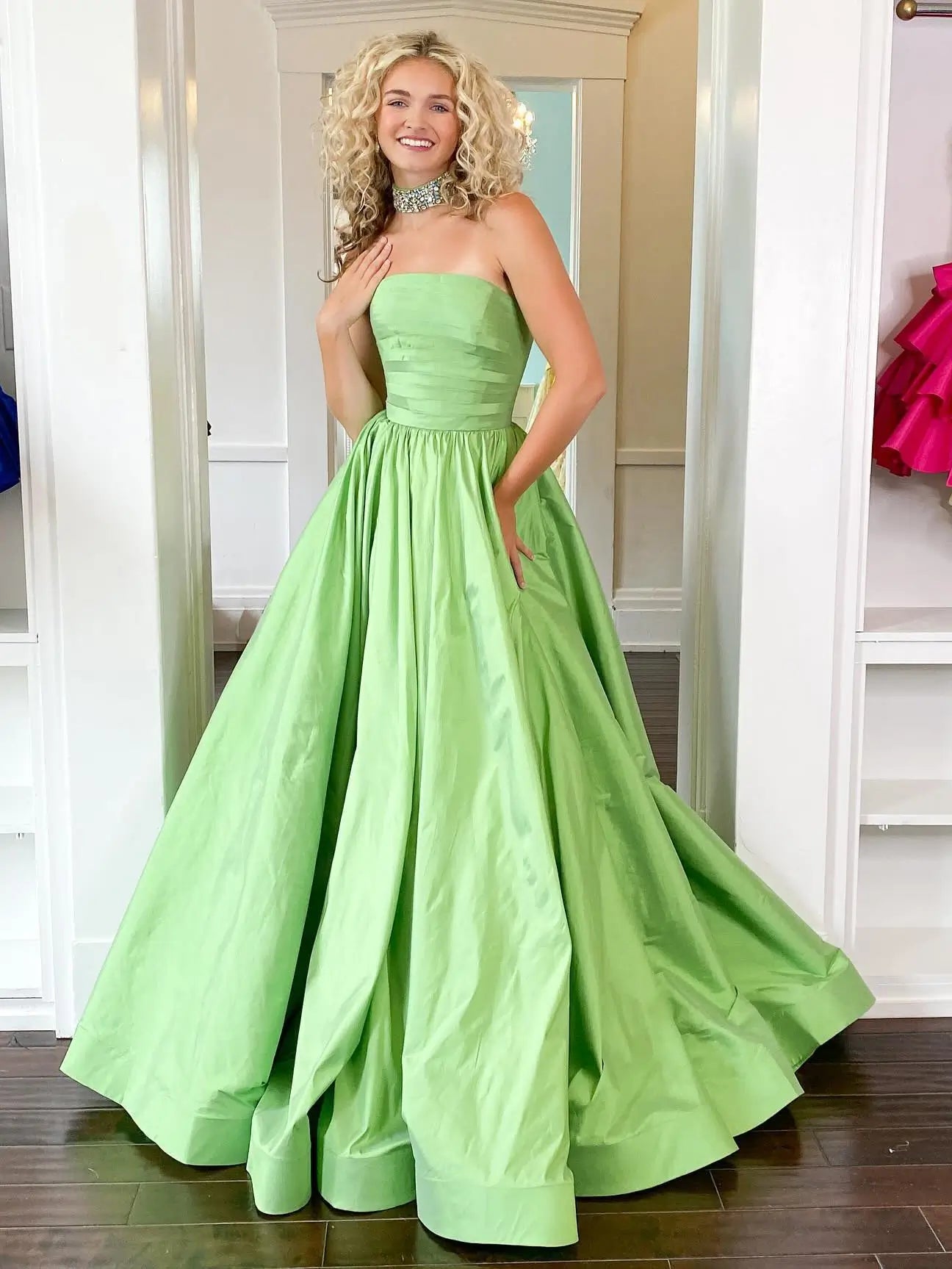 Green Strapless Satin Prom Dress with Rhinestone Choker – Style FD5198