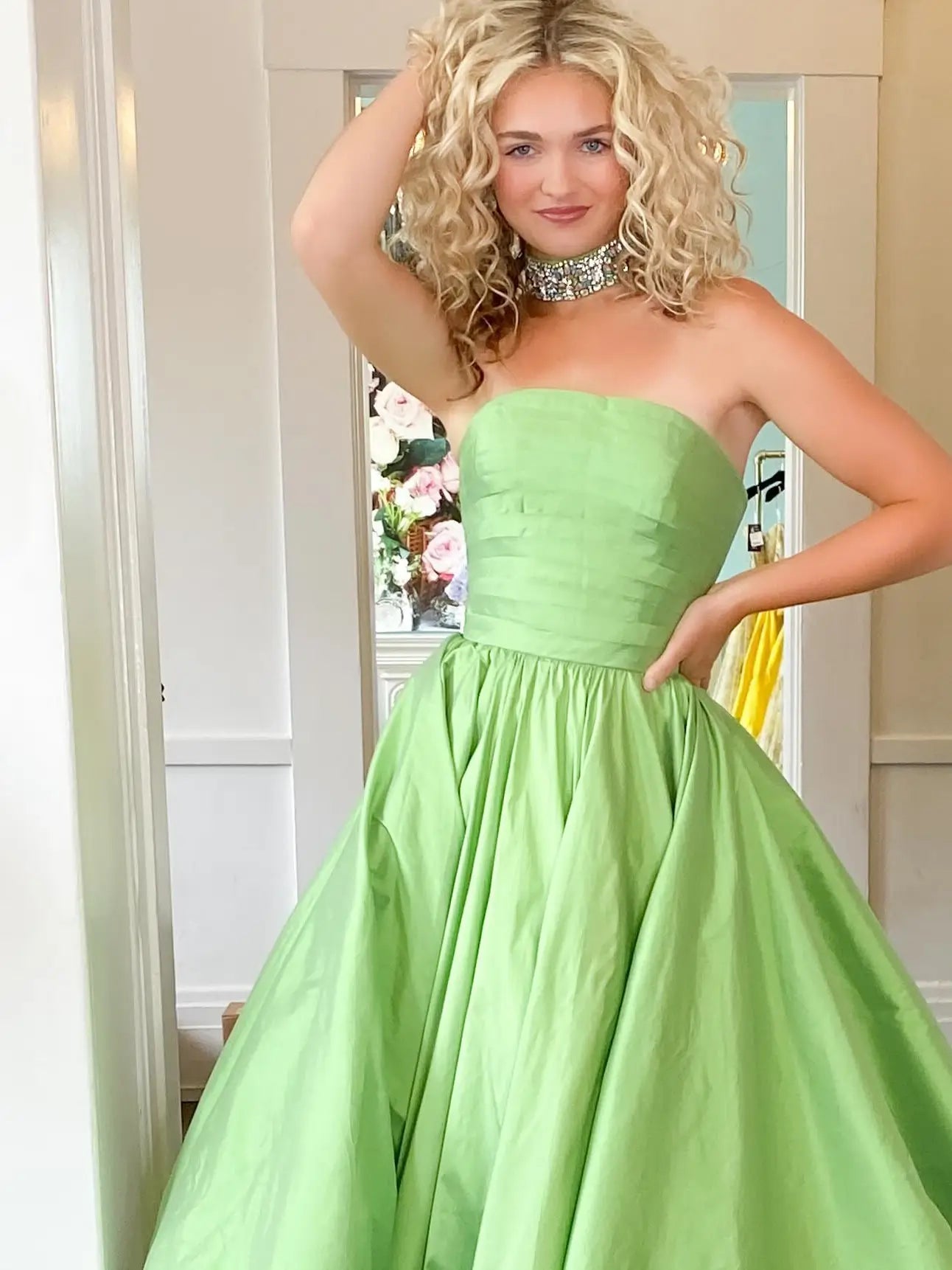 Green Strapless Satin Prom Dress with Rhinestone Choker – Style FD5198