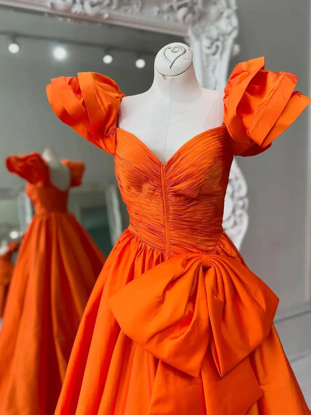 Orange Satin Prom Dress with Tiered Puffed Sleeve, Pleated Bodice & Bow-Tie – Style FD5199