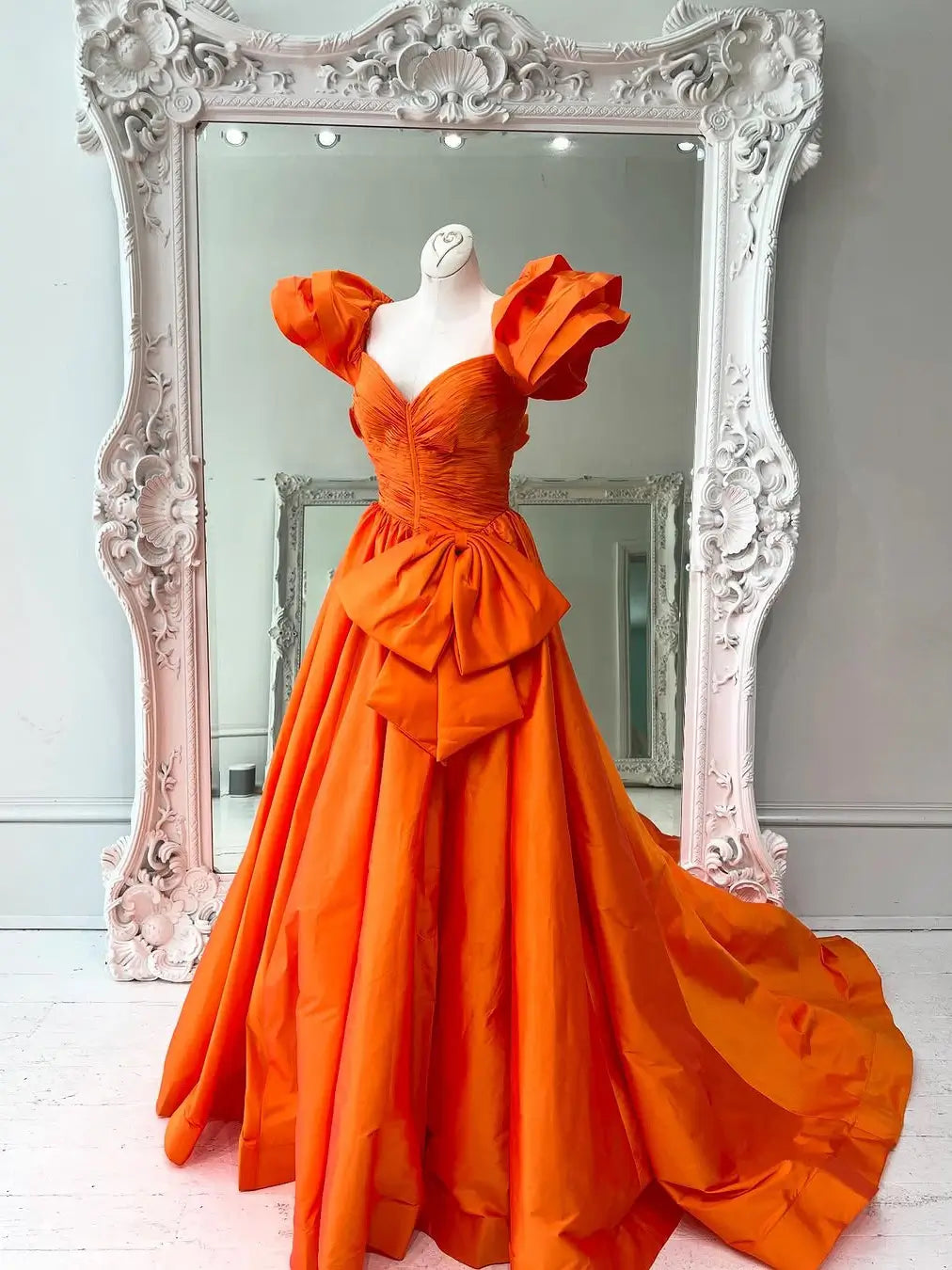 Orange Satin Prom Dress with Tiered Puffed Sleeve, Pleated Bodice & Bow-Tie – Style FD5199