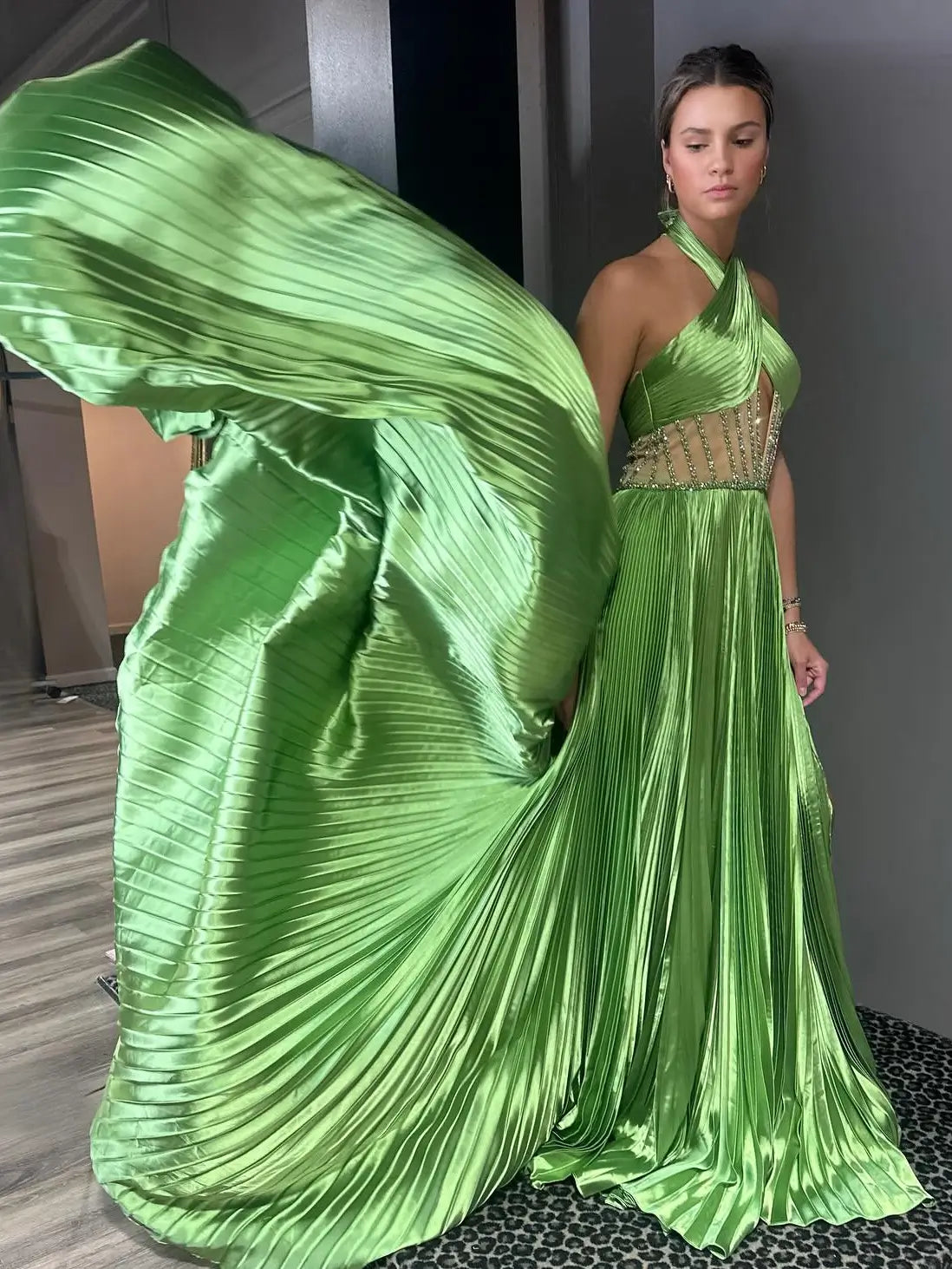 Green Pleated Satin Prom Dress with Slit, Halter Neck & Beaded Sheer Bodice – Style FD5200