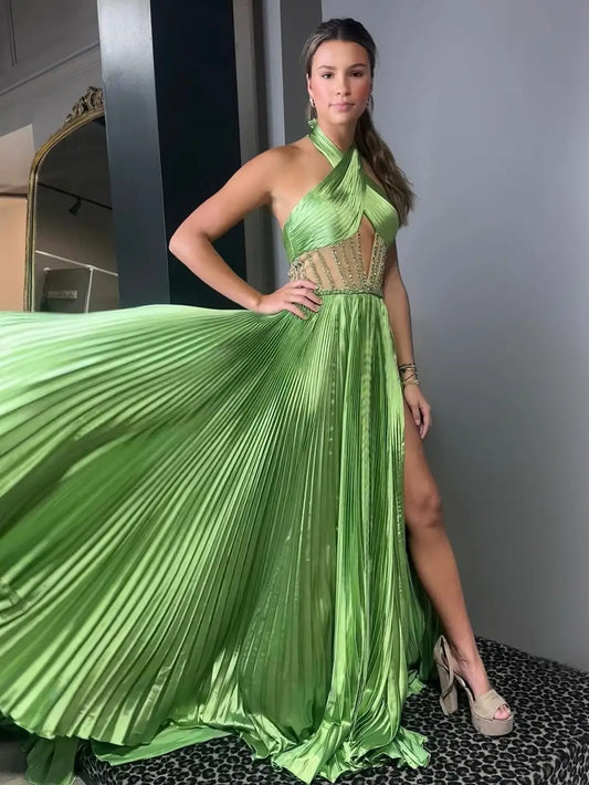 Green Pleated Satin Prom Dress with Slit, Halter Neck & Beaded Sheer Bodice – Style FD5200