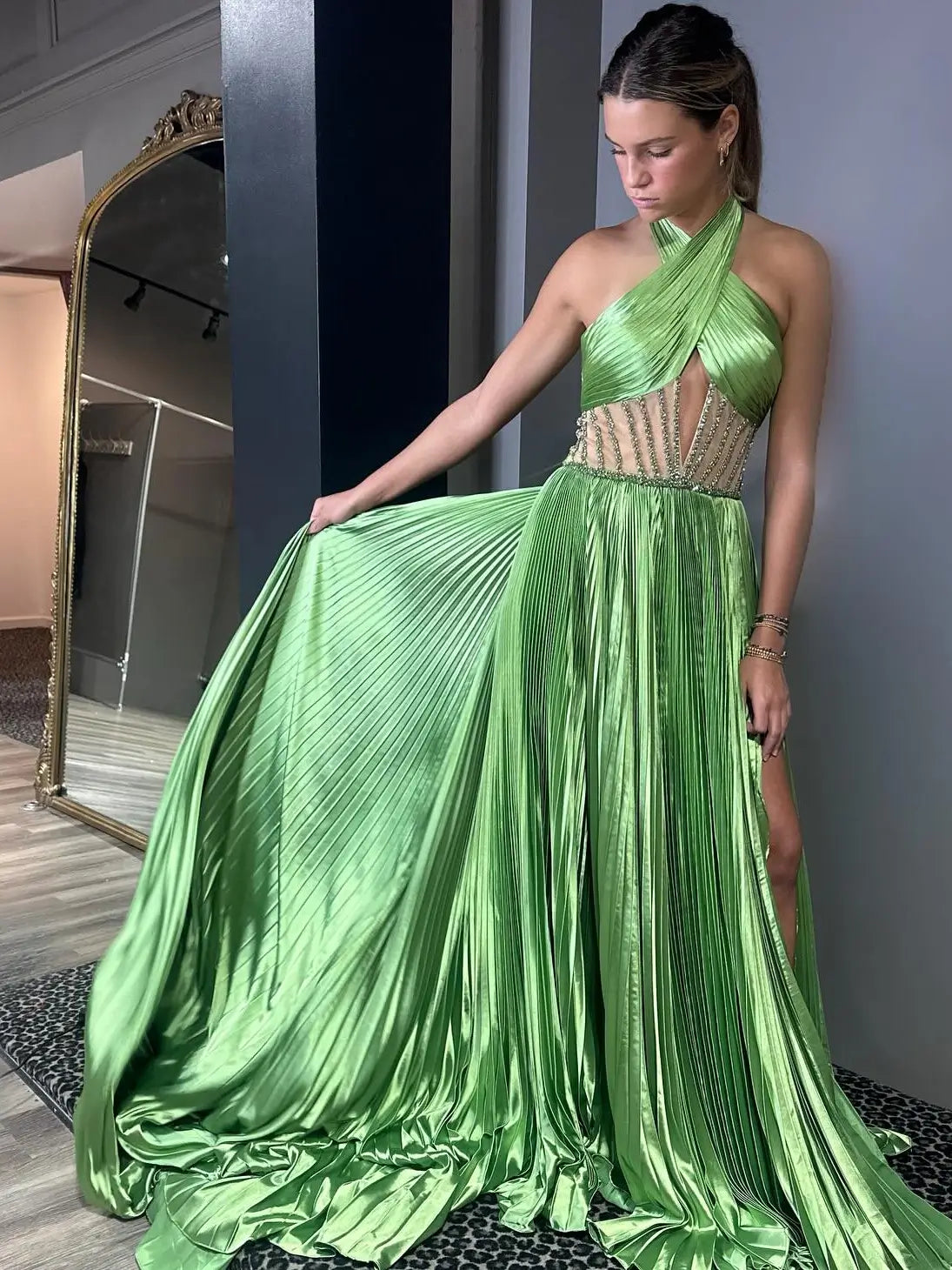 Green Pleated Satin Prom Dress with Slit, Halter Neck & Beaded Sheer Bodice – Style FD5200