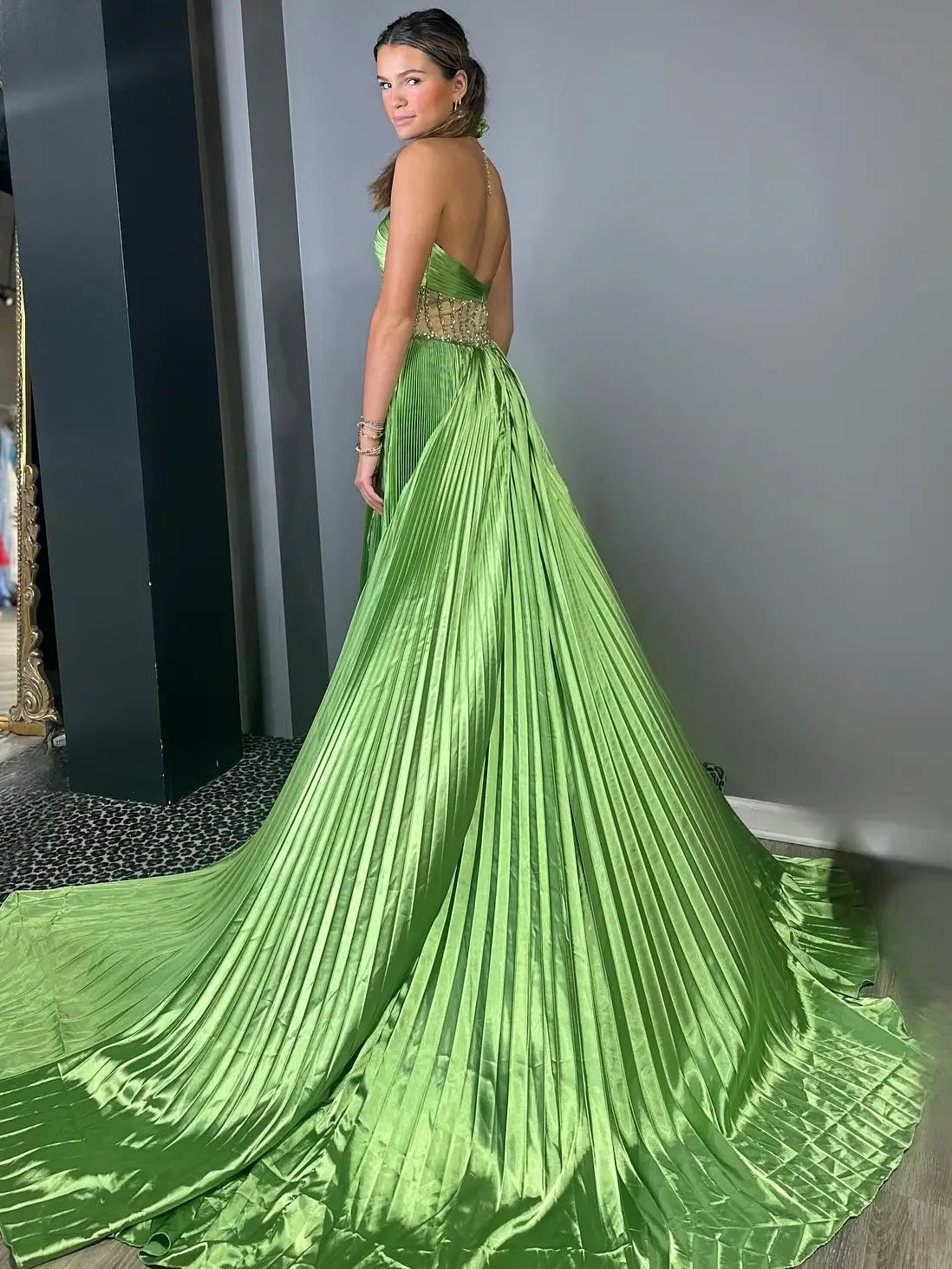 Green Pleated Satin Prom Dress with Slit, Halter Neck & Beaded Sheer Bodice – Style FD5200