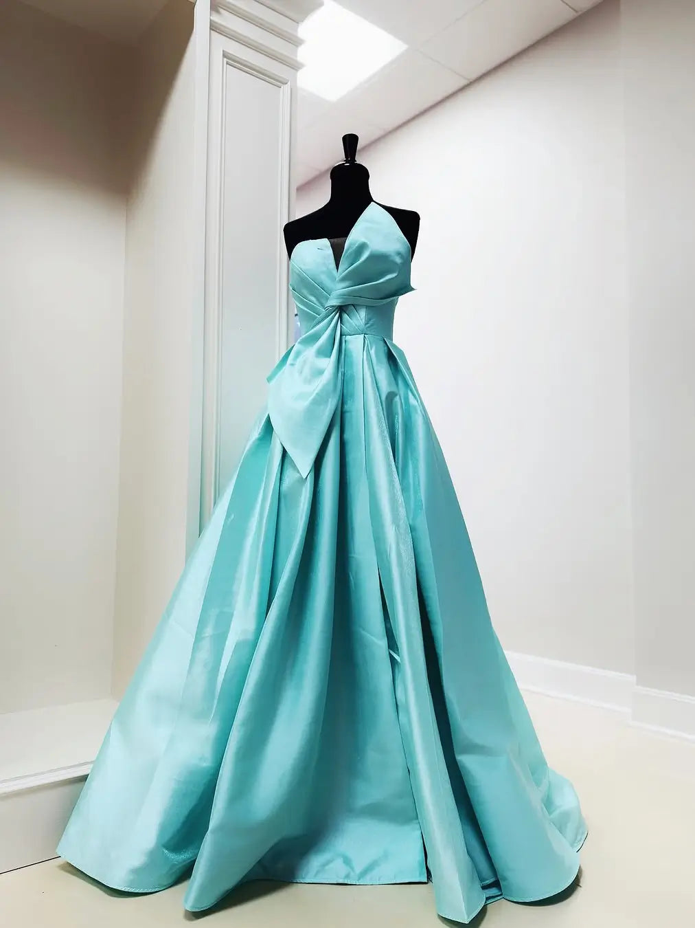 Blue Strapless Satin Prom Dress with Slit & Bow – Style FD5200